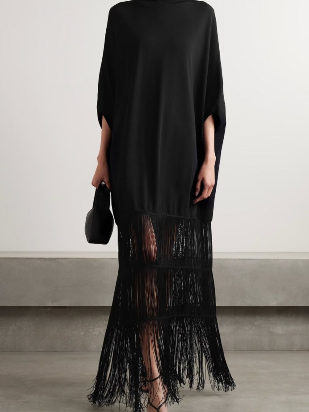 Black Beads Black Fluid Crepe Fringe Kaftan XXL